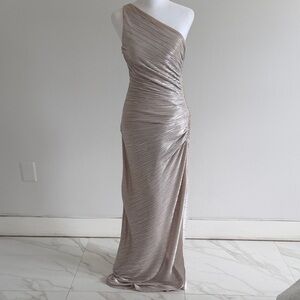 One-Shoulder Metallic Taupe Evening Gown